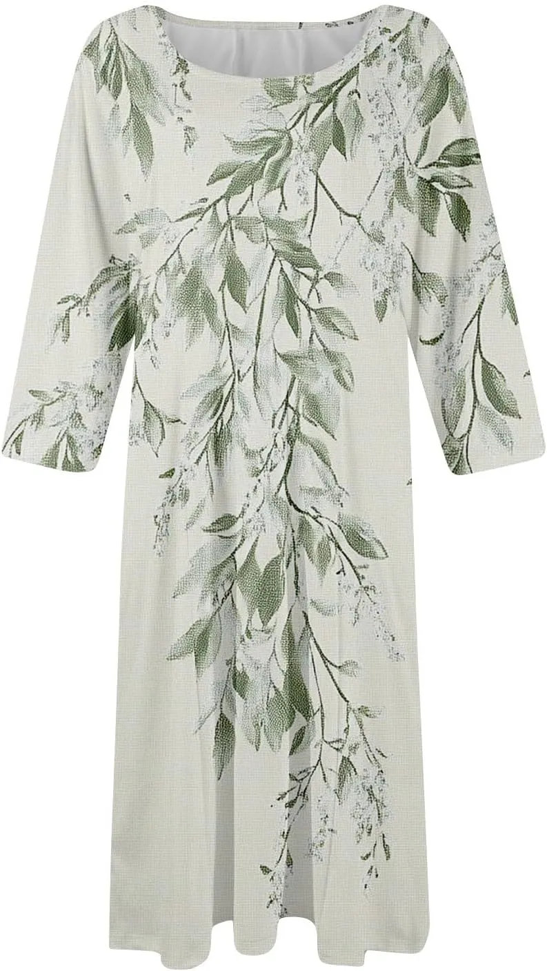 Womens Summer Dresses Beach Round Neck 3/4 Sleeve Midi Dresses A Line Dress Spring Floral Flowy Dress with Pocket