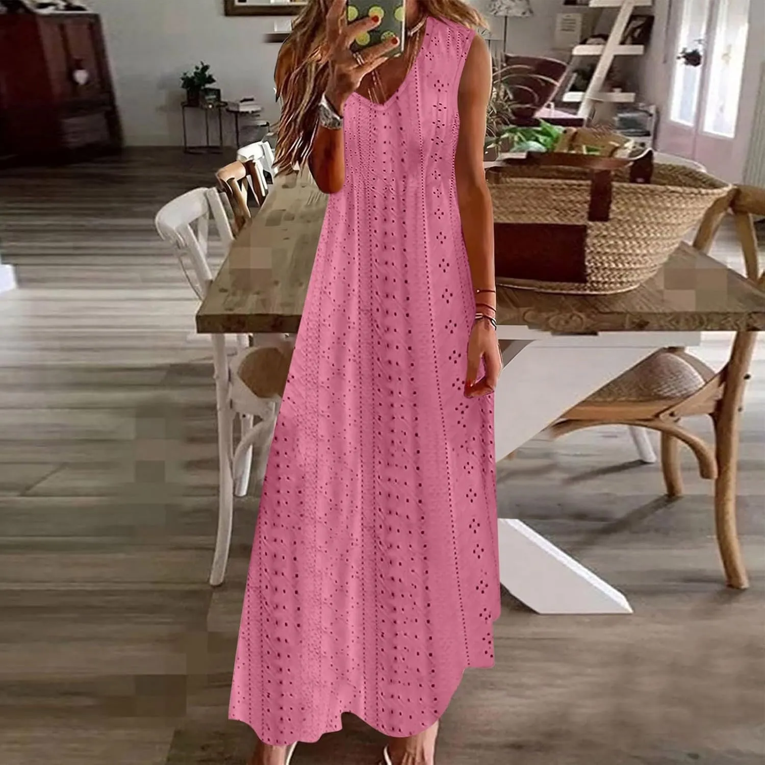 Womens Summer Dresses Boho Dress Spaghetti Strap Eyelet Maxi Dress Casual Beach Sundresses Bohemian Vacation Outfits