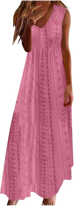 Womens Summer Dresses Boho Dress Spaghetti Strap Eyelet Maxi Dress Casual Beach Sundresses Bohemian Vacation Outfits