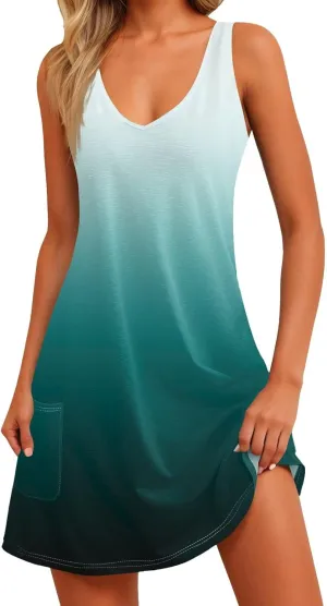 Womens Summer Dresses Casual 2025 Trendy Sleeveless V Neck Sundresses Beach Vacation Mini Tank Dress with Pockets
