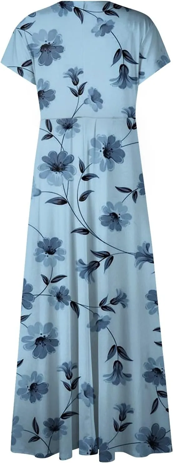 Womens Summer Dresses Maxi Dress Short Sleeve Womens Dresses with Sleeves Summer Flowy Cute