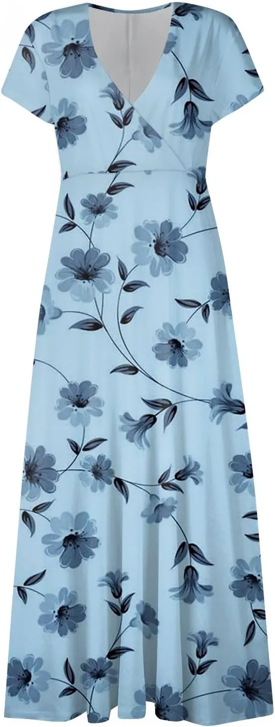 Womens Summer Dresses Maxi Dress Short Sleeve Womens Dresses with Sleeves Summer Flowy Cute