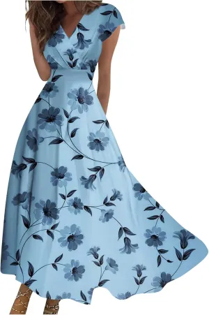 Womens Summer Dresses Maxi Dress Short Sleeve Womens Dresses with Sleeves Summer Flowy Cute