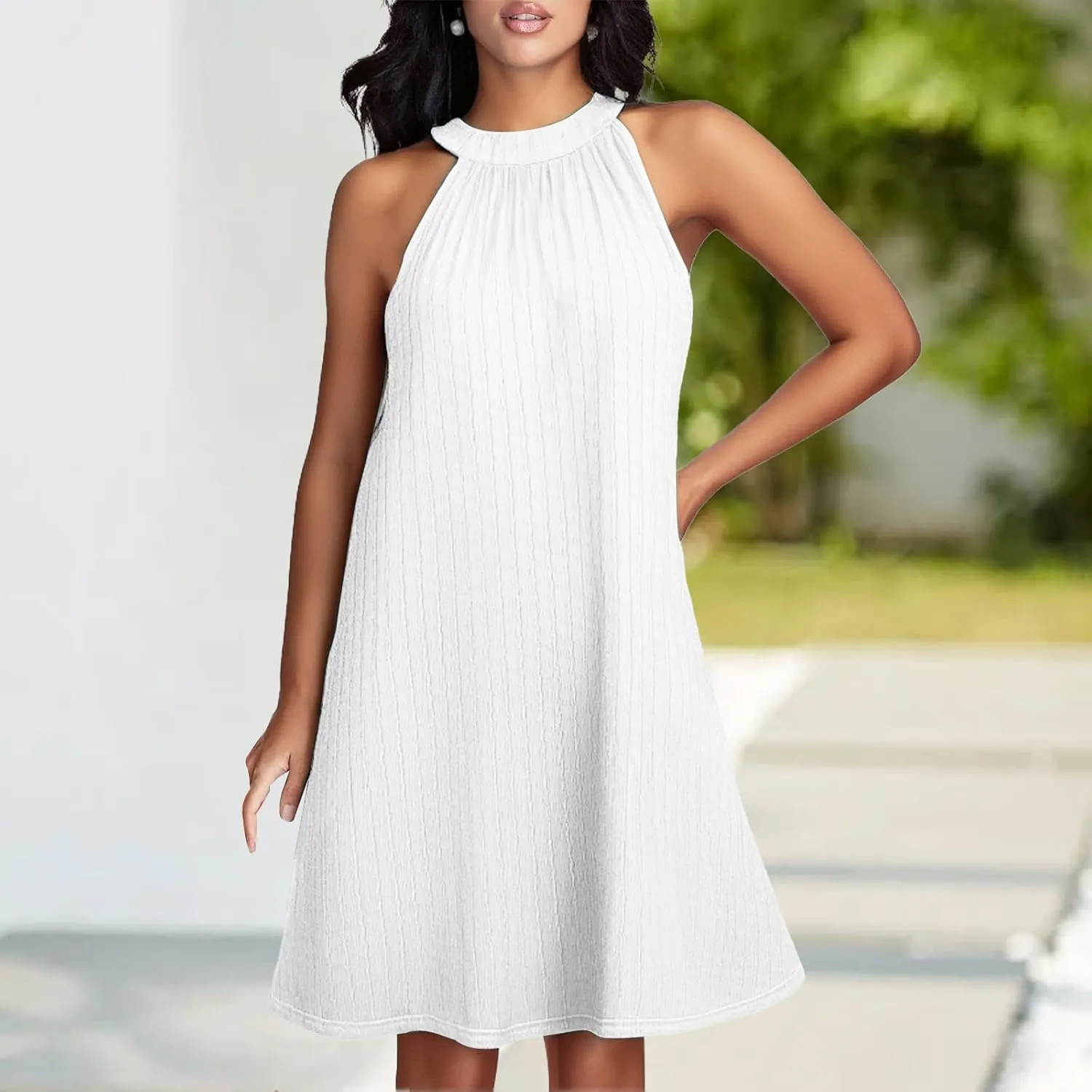 Womens Summer Halter Neck Sleeveless Dress Casual Cute Pleated A Line Midi Dress Loose Fashion Solid Beach Sundress