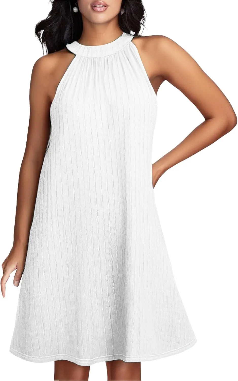 Womens Summer Halter Neck Sleeveless Dress Casual Cute Pleated A Line Midi Dress Loose Fashion Solid Beach Sundress