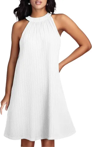 Womens Summer Halter Neck Sleeveless Dress Casual Cute Pleated A Line Midi Dress Loose Fashion Solid Beach Sundress