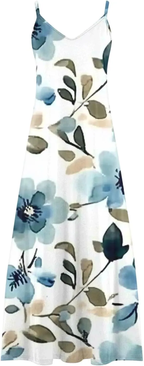 Women's Summer Maxi Dress Casual V-Neck Sleeveless Sundress Bohemian Spaghetti Strap Floral Long Maxi Dresses