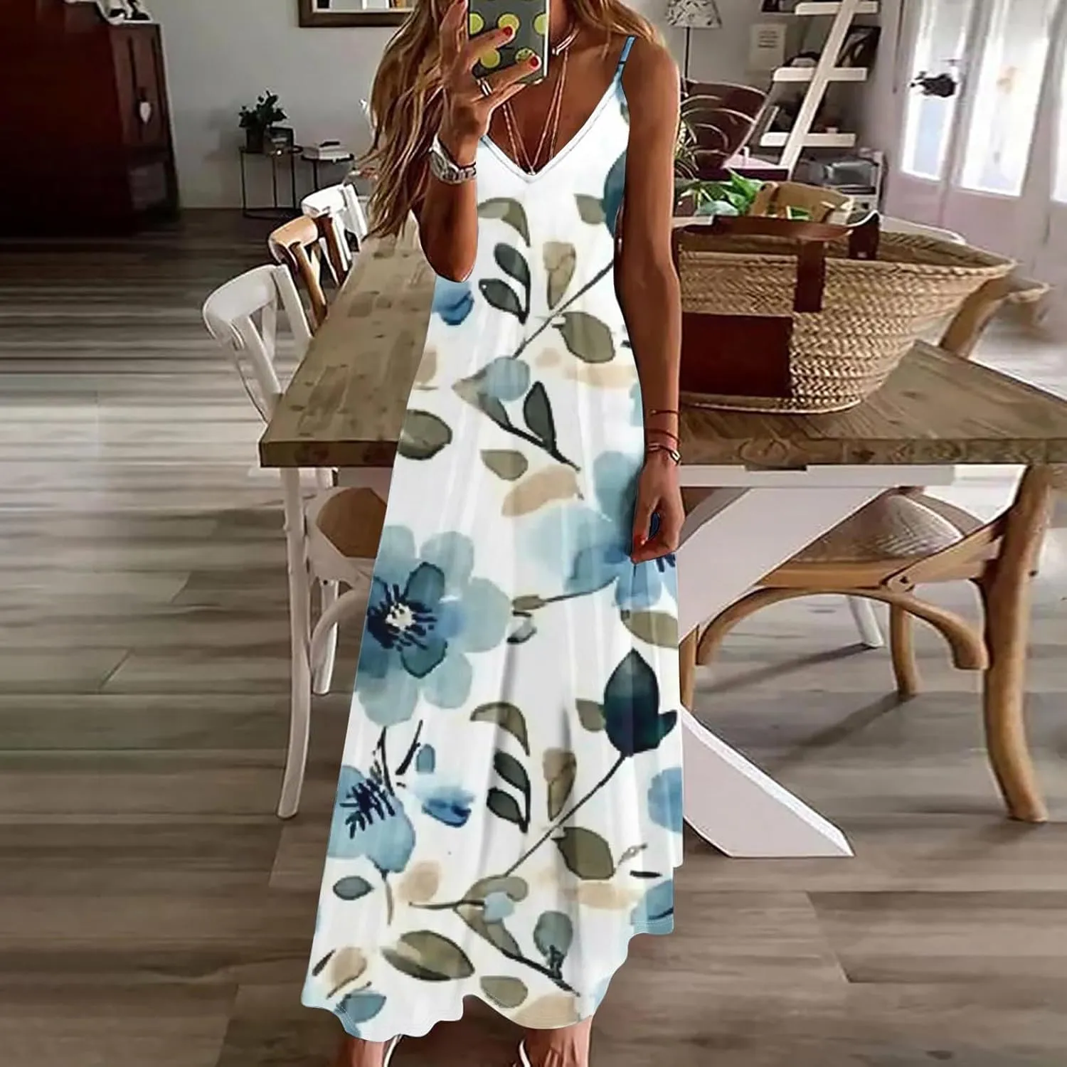 Women's Summer Maxi Dress Casual V-Neck Sleeveless Sundress Bohemian Spaghetti Strap Floral Long Maxi Dresses