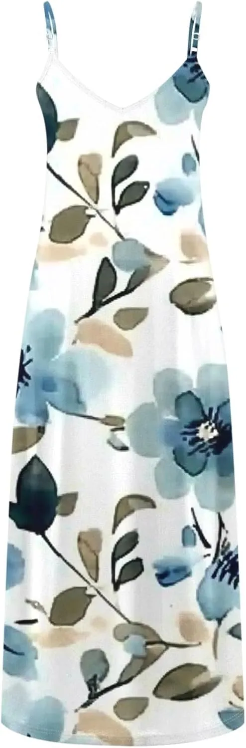 Women's Summer Maxi Dress Casual V-Neck Sleeveless Sundress Bohemian Spaghetti Strap Floral Long Maxi Dresses