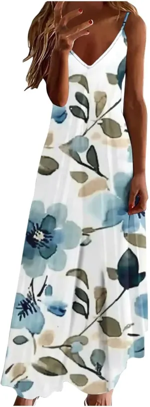 Women's Summer Maxi Dress Casual V-Neck Sleeveless Sundress Bohemian Spaghetti Strap Floral Long Maxi Dresses