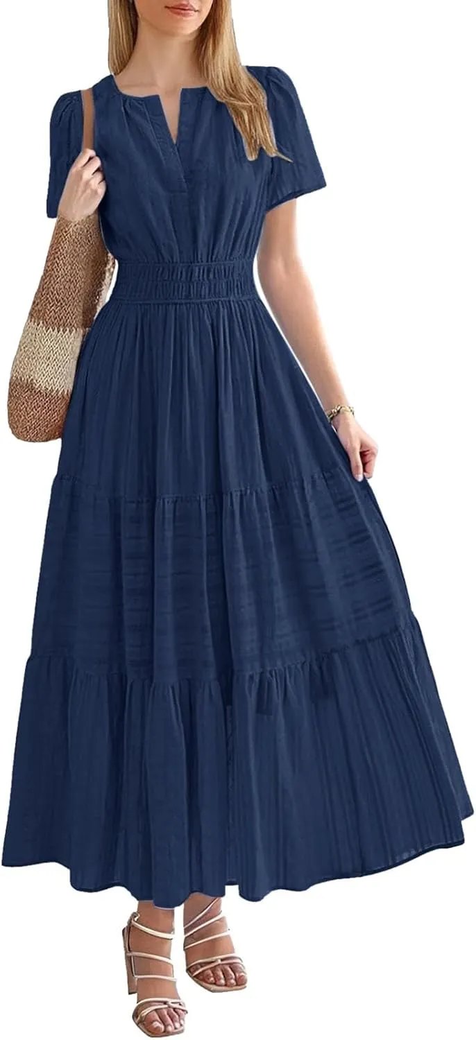 Womens Summer Maxi Dresses Casual V Neck A Line Long Flowy Dress Short Sleeve Smocked Ruffle Beach Vacation Sundress