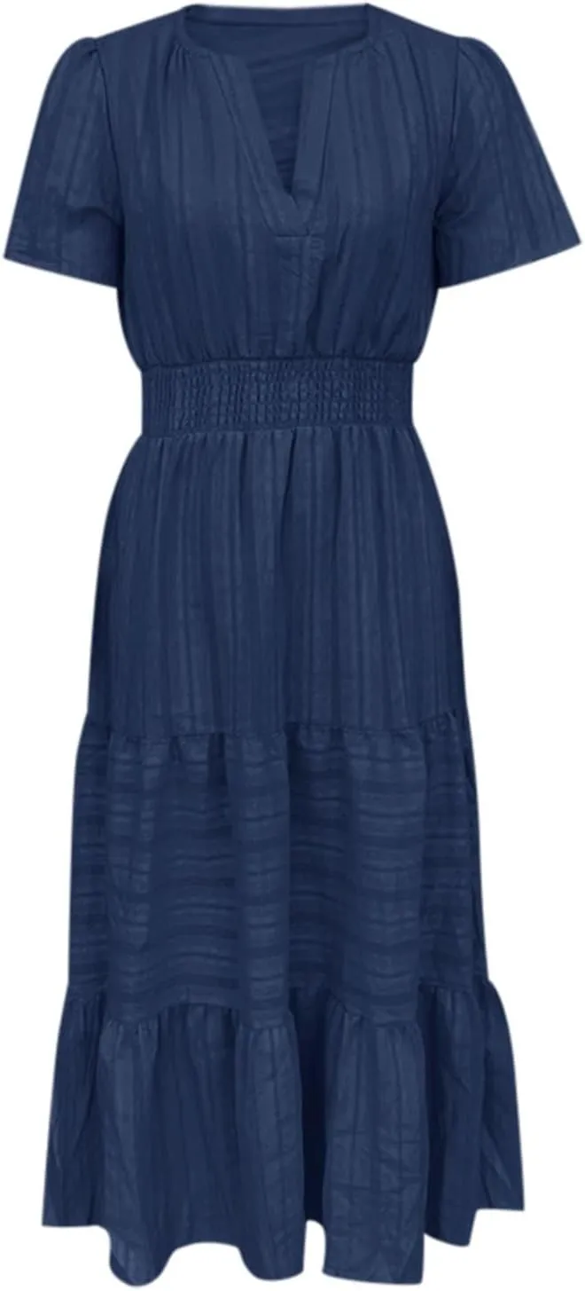 Womens Summer Maxi Dresses Casual V Neck A Line Long Flowy Dress Short Sleeve Smocked Ruffle Beach Vacation Sundress