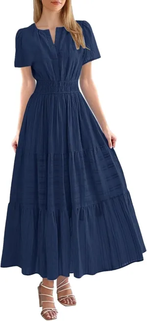 Womens Summer Maxi Dresses Casual V Neck A Line Long Flowy Dress Short Sleeve Smocked Ruffle Beach Vacation Sundress