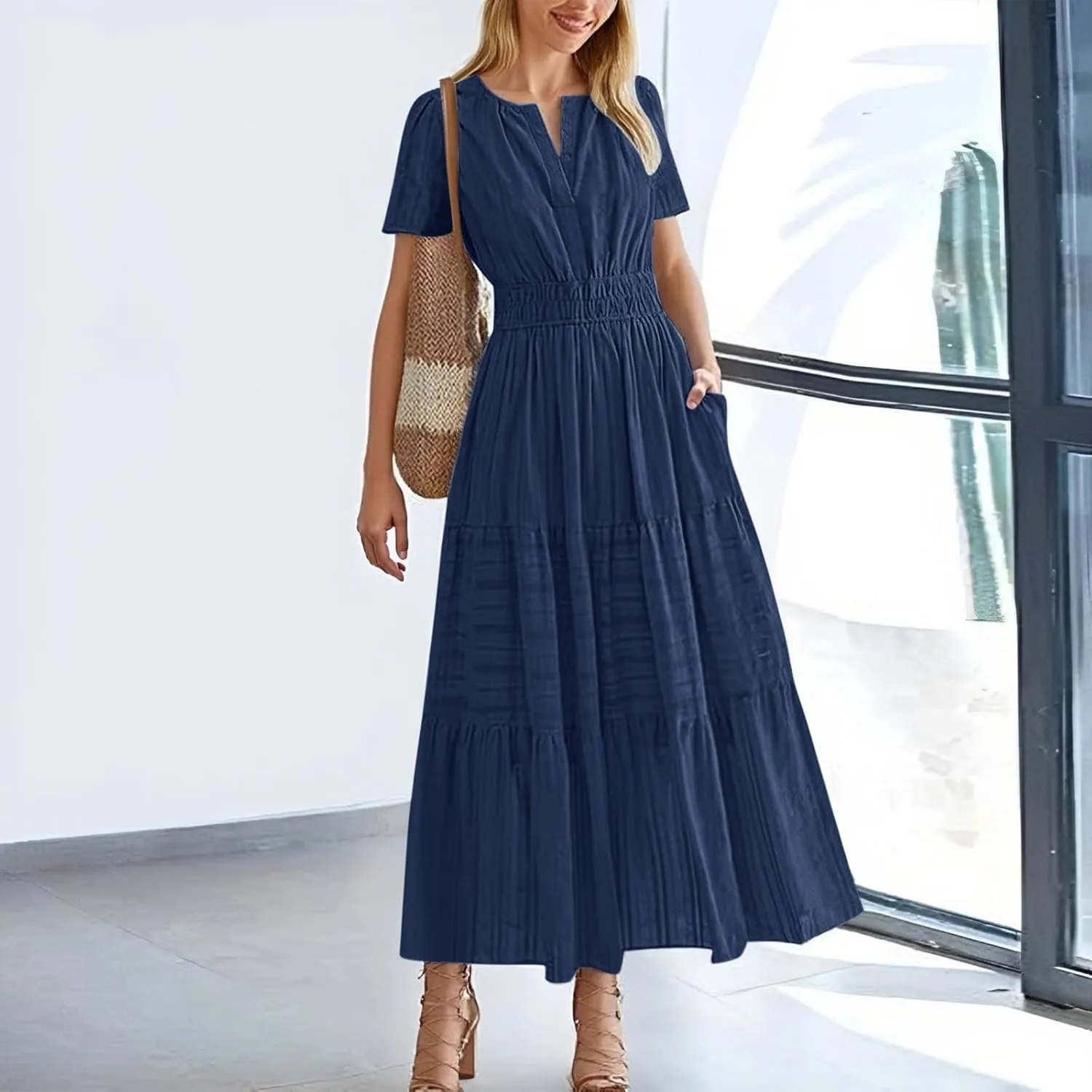 Womens Summer Maxi Dresses Casual V Neck A Line Long Flowy Dress Short Sleeve Smocked Ruffle Beach Vacation Sundress
