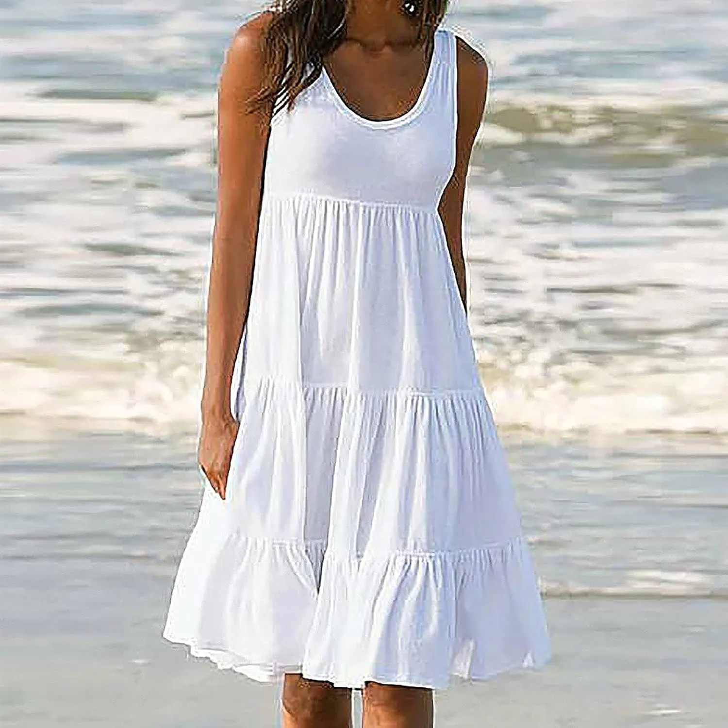 Women's Summer Sun Dresses Tiered Ruffle Sundress Scoop Neck Sleeveless Tank Dress Sexy Casual Flowy Beach
