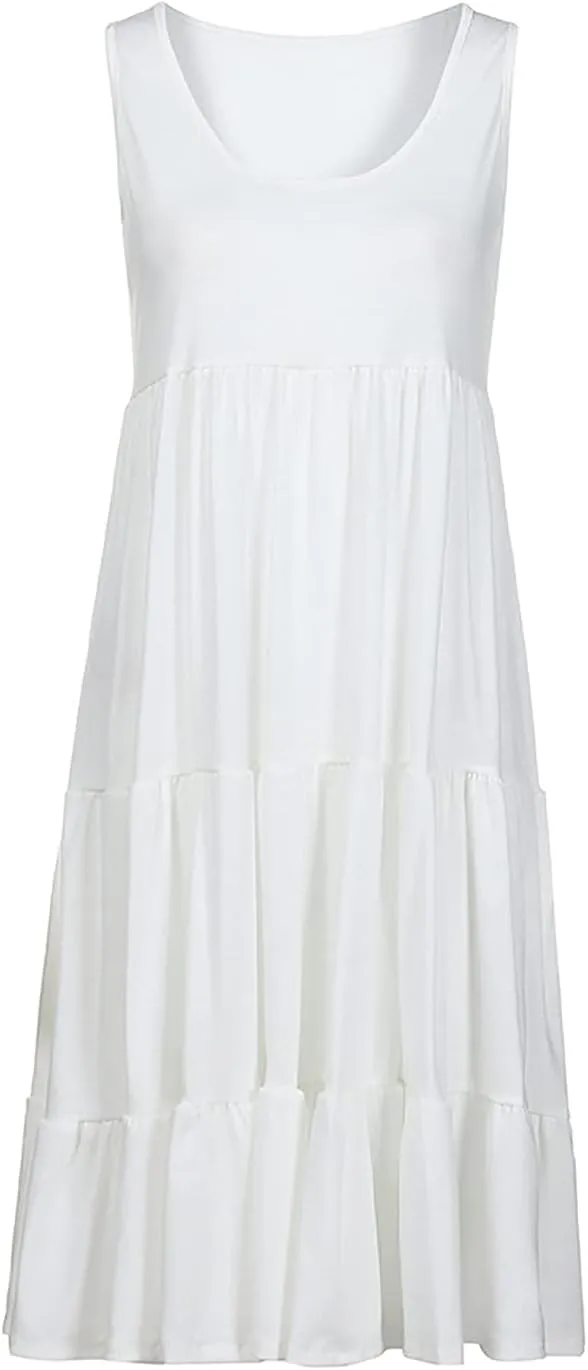 Women's Summer Sun Dresses Tiered Ruffle Sundress Scoop Neck Sleeveless Tank Dress Sexy Casual Flowy Beach