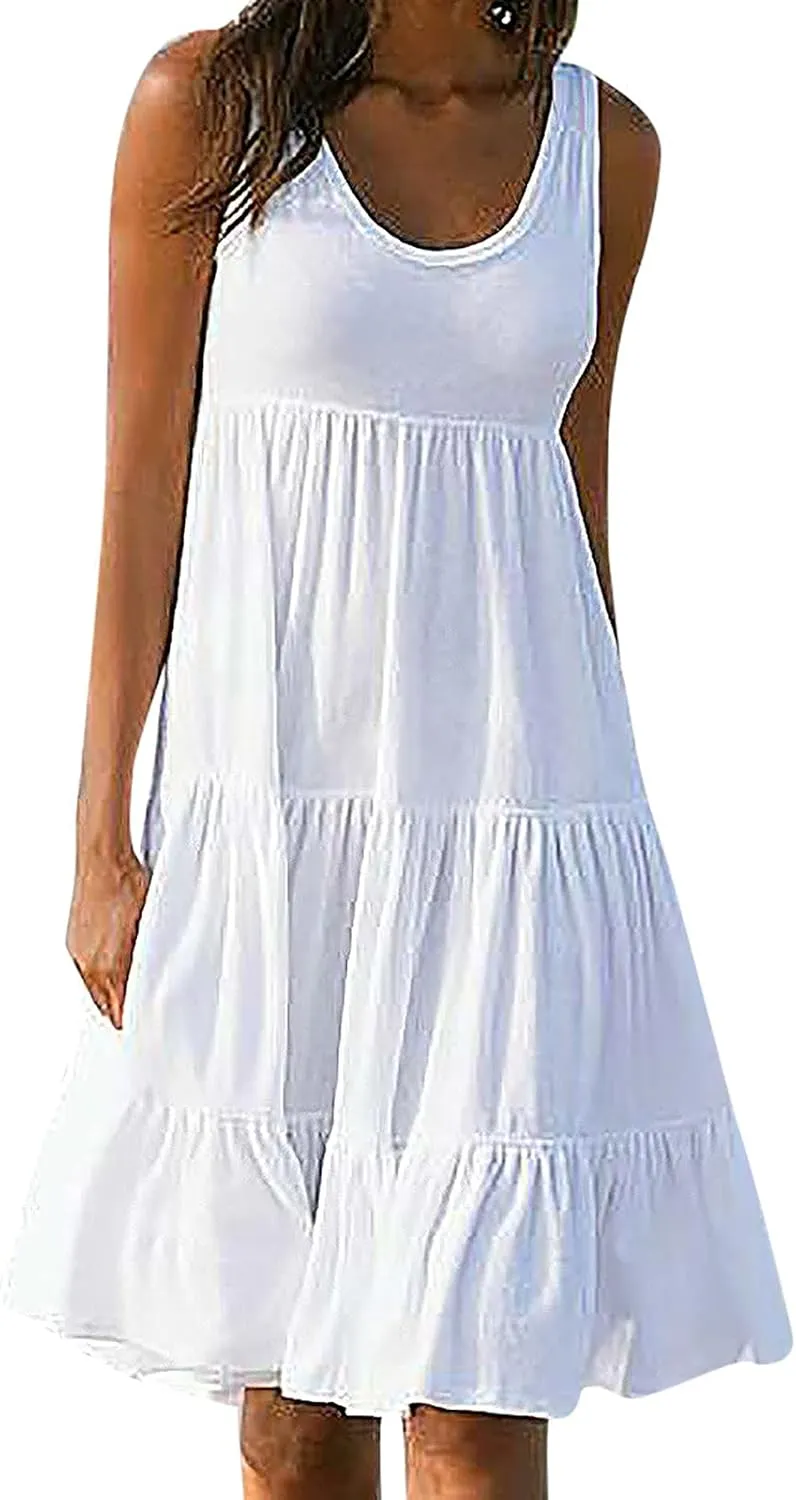 Women's Summer Sun Dresses Tiered Ruffle Sundress Scoop Neck Sleeveless Tank Dress Sexy Casual Flowy Beach