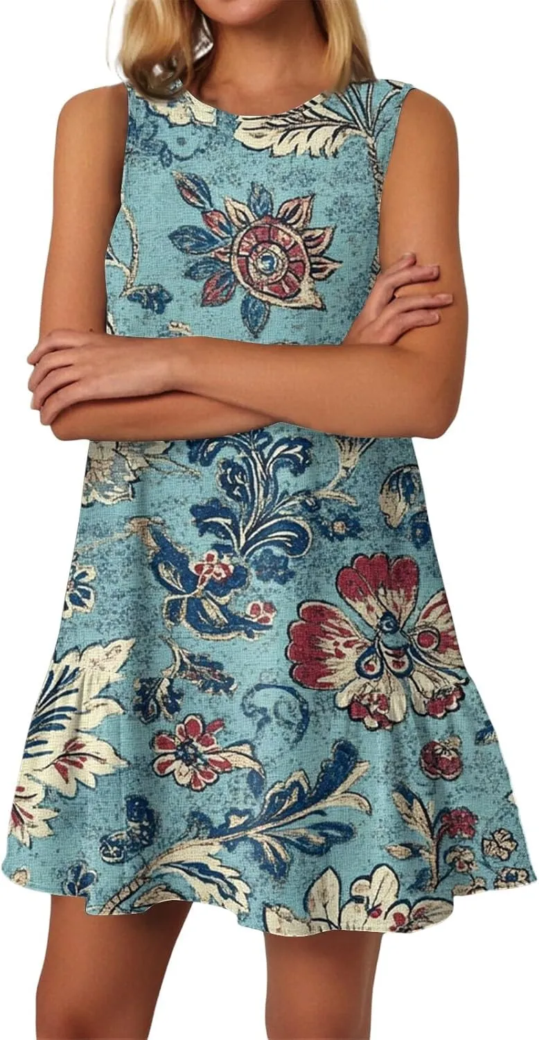 Women's Summer Tank Dress with Pockets, Loose Ruffle Sleeveless Crew Neck Casual Mini Beach Vacation Sundresses