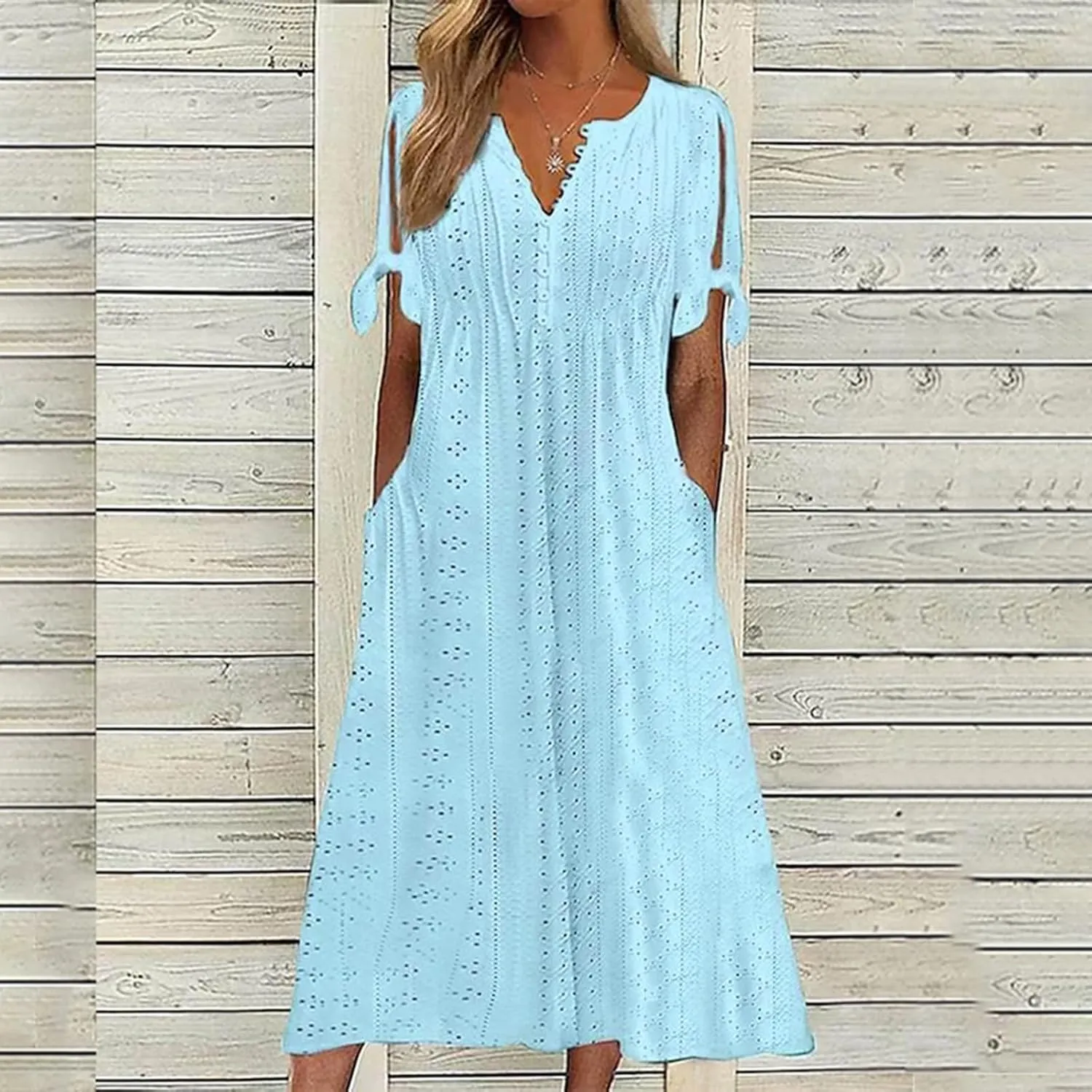Women's Summer V Neck Button Tie Short Sleeve Boho Dress Pleated Casual Flowy Beach Vacation Midi Dresses