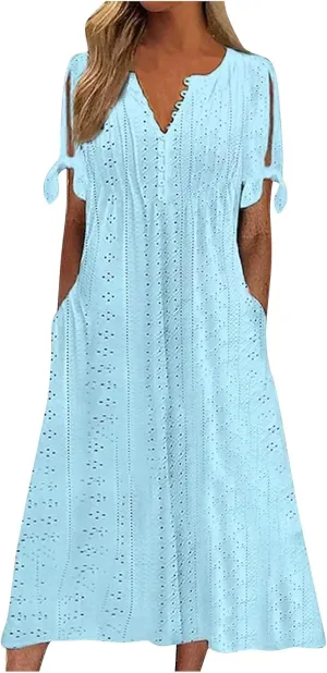 Women's Summer V Neck Button Tie Short Sleeve Boho Dress Pleated Casual Flowy Beach Vacation Midi Dresses