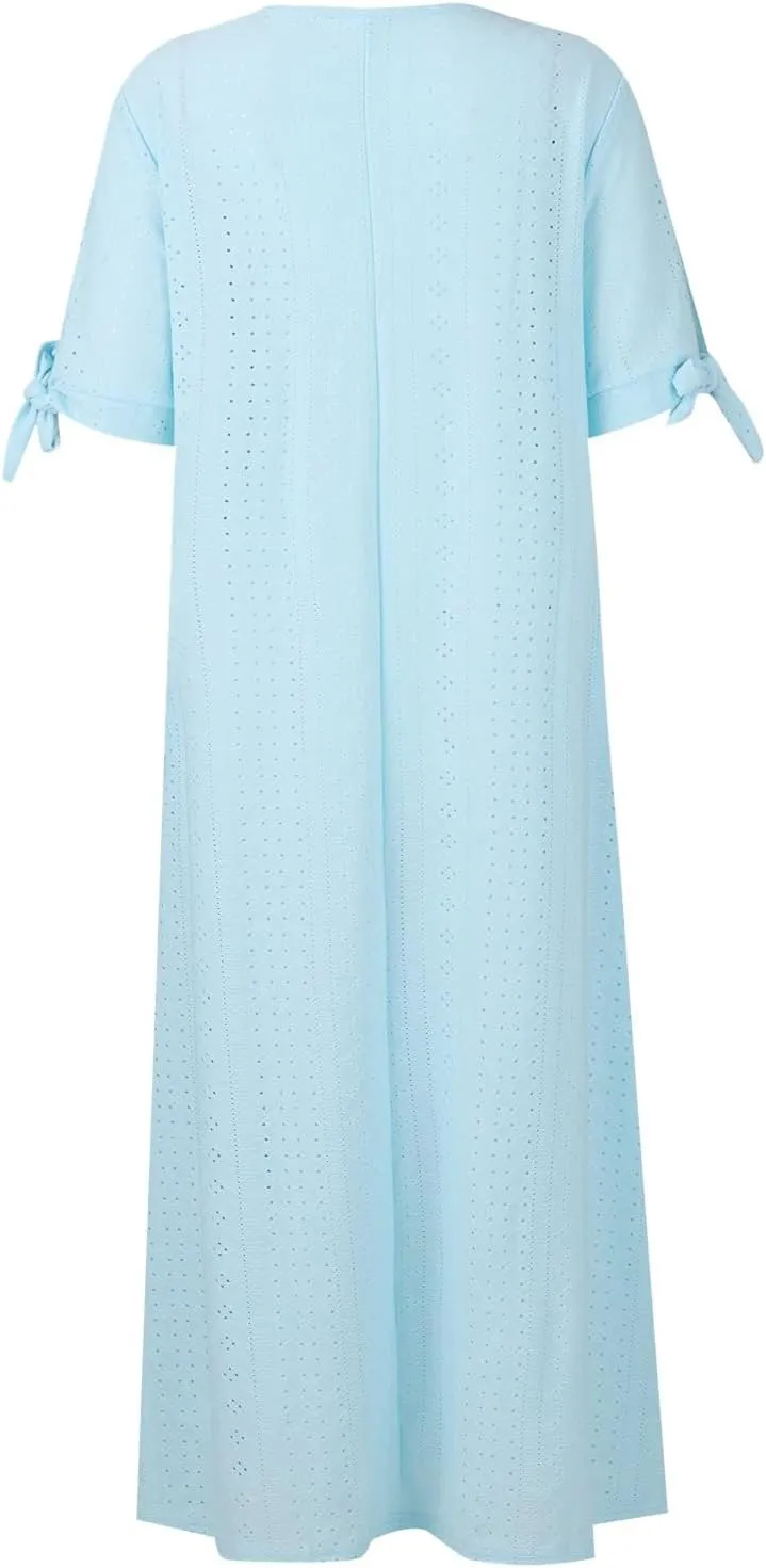 Women's Summer V Neck Button Tie Short Sleeve Boho Dress Pleated Casual Flowy Beach Vacation Midi Dresses