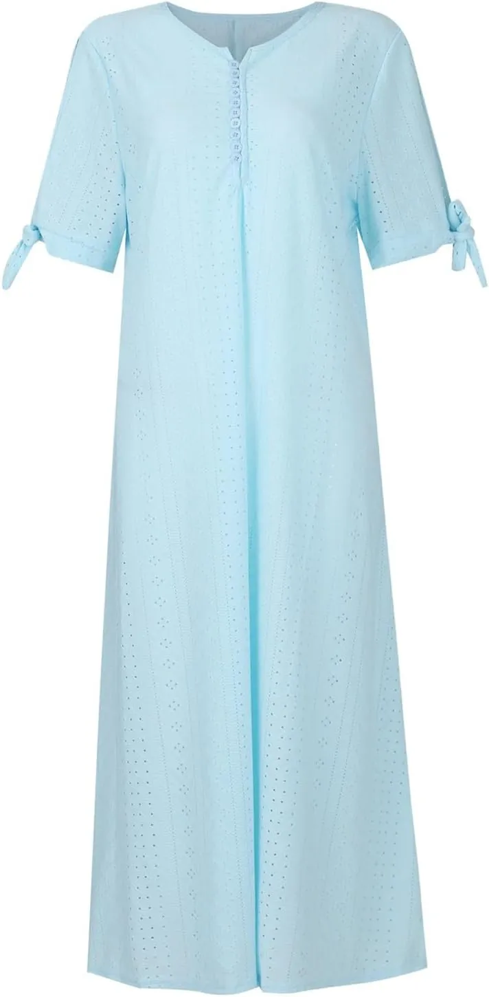 Women's Summer V Neck Button Tie Short Sleeve Boho Dress Pleated Casual Flowy Beach Vacation Midi Dresses