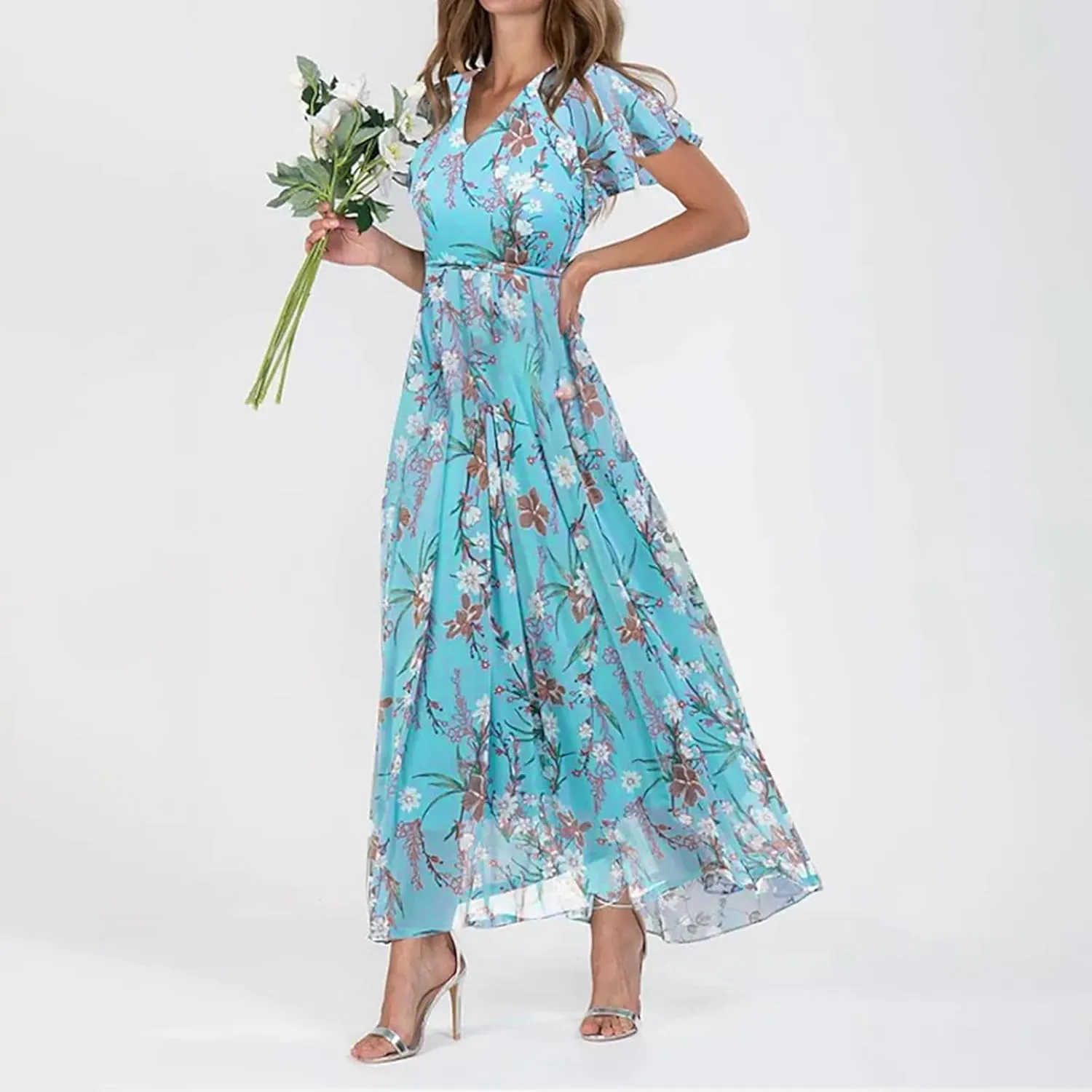 Women's Summer Wedding Guest Dress Chiffon Boho Floral Ruffle Short Sleeve v Neck Casual Flowy Maxi Sundress