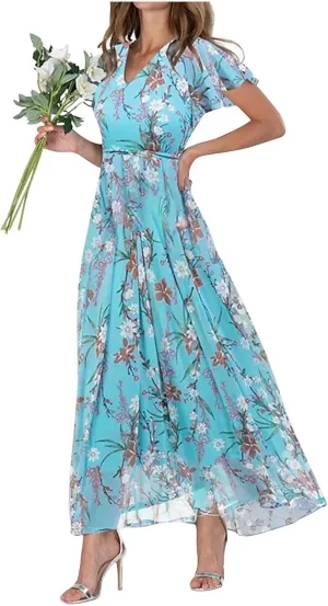 Women's Summer Wedding Guest Dress Chiffon Boho Floral Ruffle Short Sleeve v Neck Casual Flowy Maxi Sundress