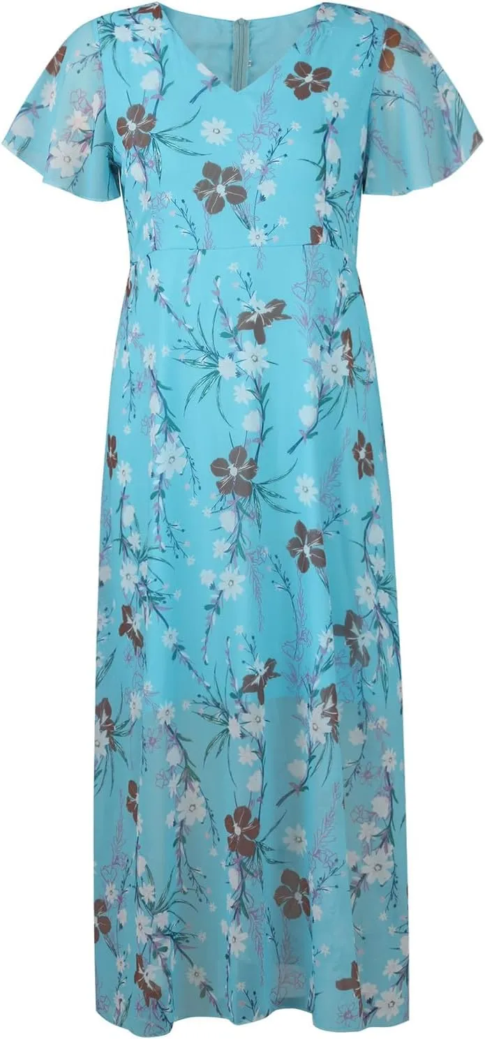 Women's Summer Wedding Guest Dress Chiffon Boho Floral Ruffle Short Sleeve v Neck Casual Flowy Maxi Sundress