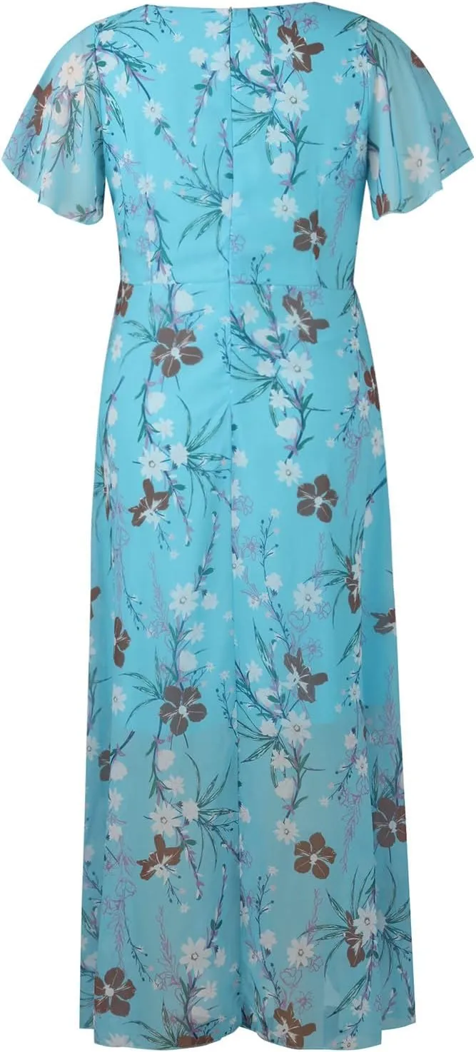 Women's Summer Wedding Guest Dress Chiffon Boho Floral Ruffle Short Sleeve v Neck Casual Flowy Maxi Sundress