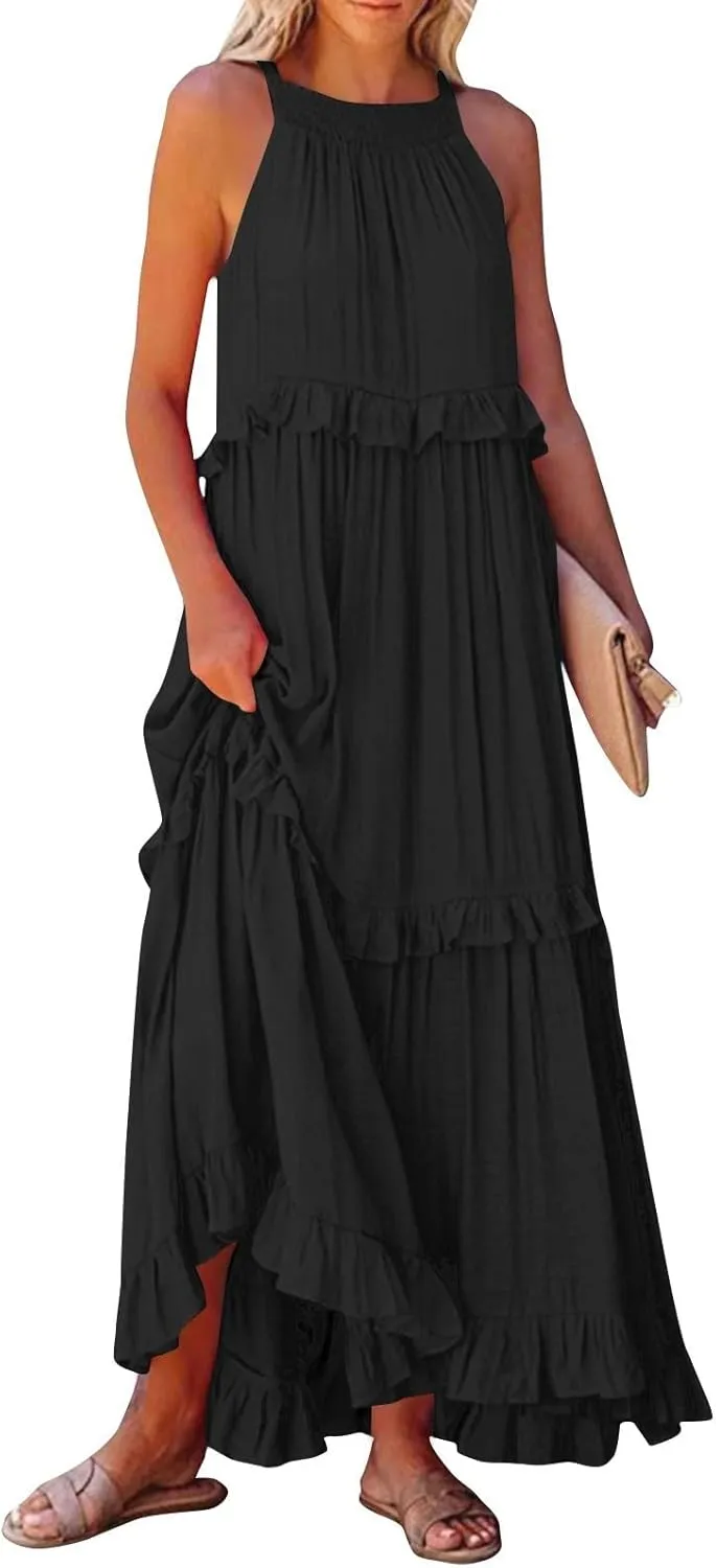 Women's Sundresses 2025 Summer Casual Loose Trendy Sleeveless Solid Color Flowy Maxi Beach Dress, S-2XL