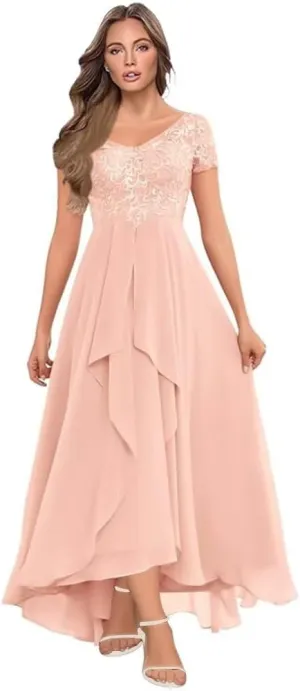 Women's Tea Length Mother of The Bride Dresses for Wedding Short Sleeves Lace Chiffon Formal Evening Gowns