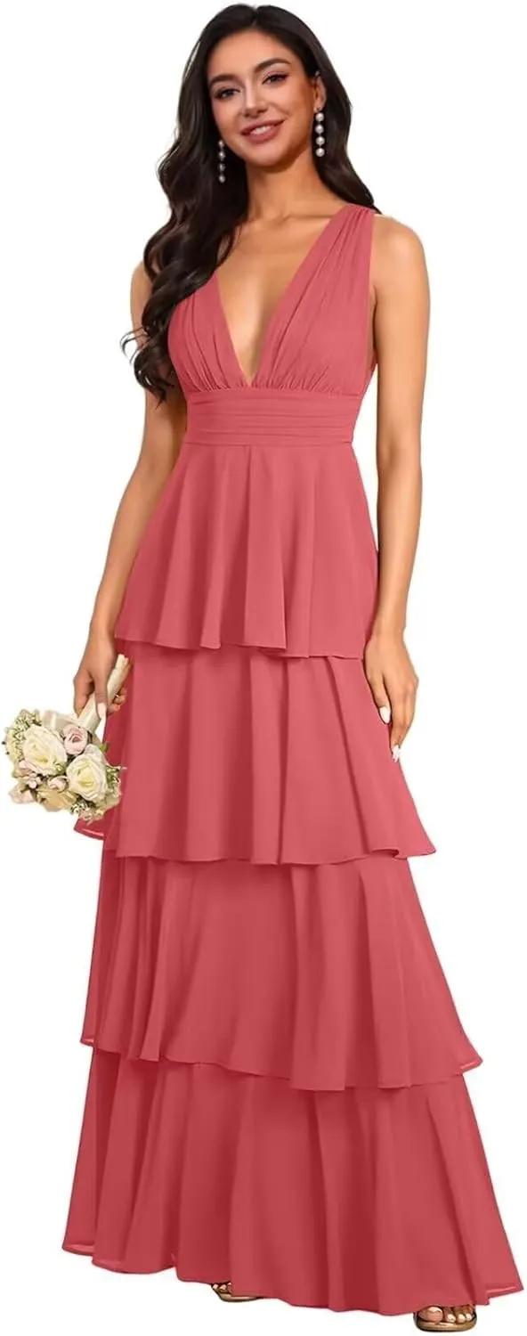 Women's V Neck Chiffon Bridesmaid Dresses Long Ruffles Tiered Formal Evening Dress Wedding Guest Gown 2025