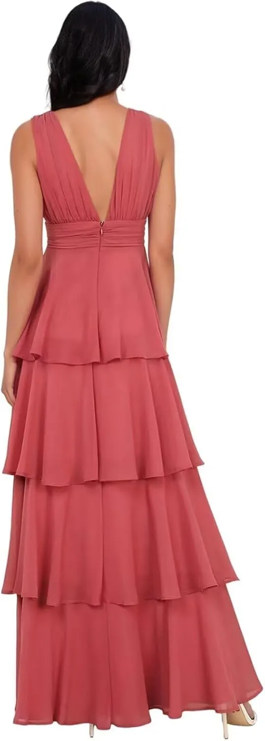 Women's V Neck Chiffon Bridesmaid Dresses Long Ruffles Tiered Formal Evening Dress Wedding Guest Gown 2025