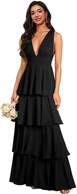 Women's V Neck Chiffon Bridesmaid Dresses Long Ruffles Tiered Formal Evening Dress Wedding Guest Gown 2025