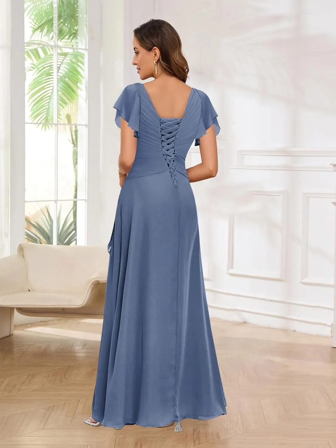 Women's V Neck Chiffon Mother of The Bride Dresses for Wedding Short Sleeve A-line Pleated Long Formal Dress