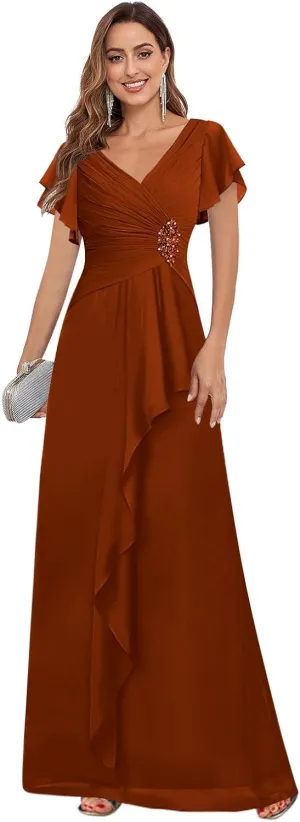 Women's V Neck Chiffon Mother of The Bride Dresses for Wedding Short Sleeve A-line Pleated Long Formal Dress