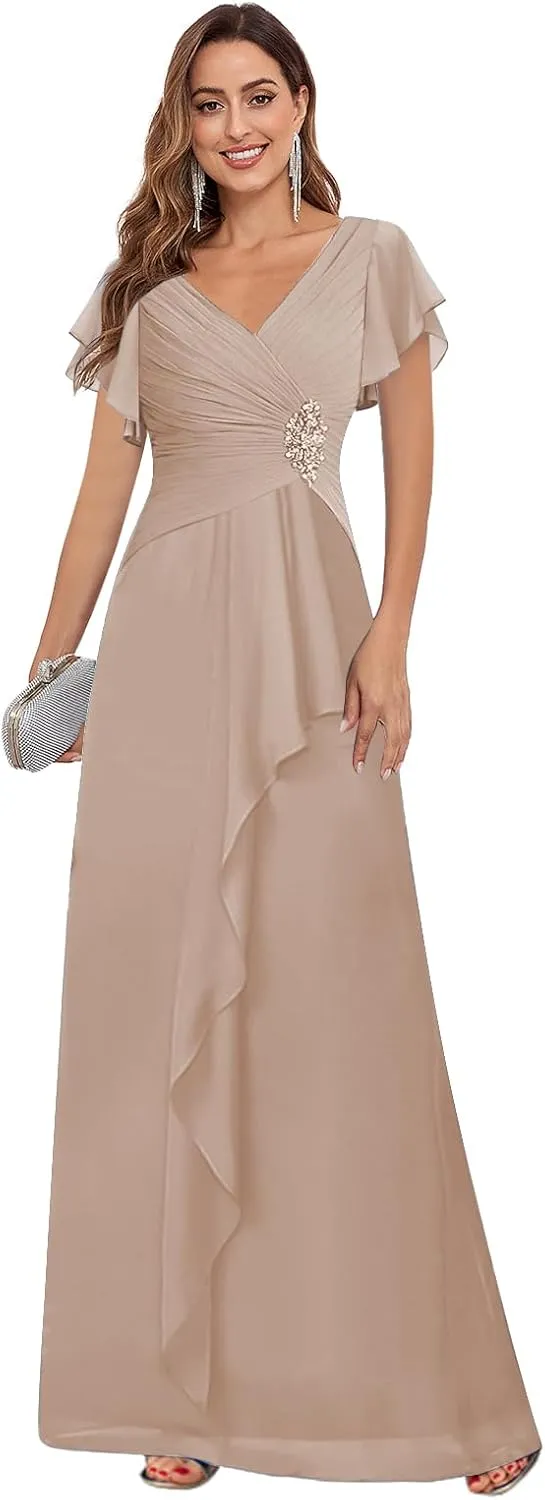 Women's V Neck Chiffon Mother of The Bride Dresses for Wedding Short Sleeve A-line Pleated Long Formal Dress