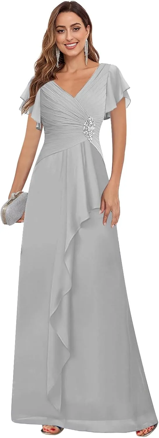 Women's V Neck Chiffon Mother of The Bride Dresses for Wedding Short Sleeve A-line Pleated Long Formal Dress