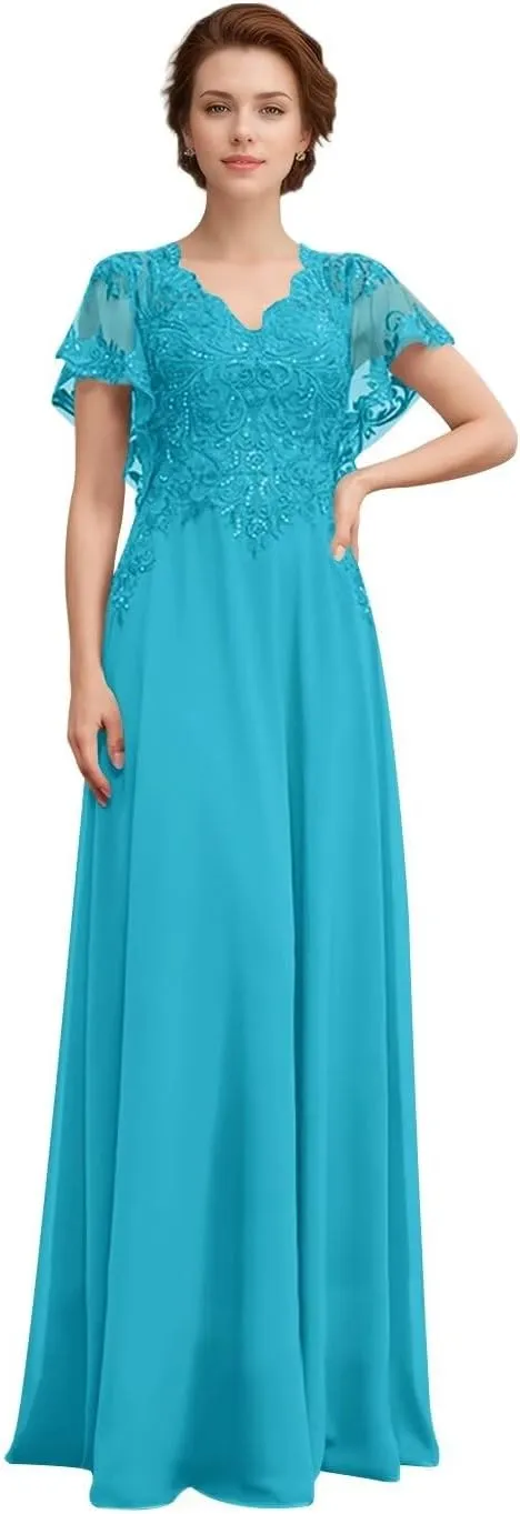 Women's V-Neck Lace Appliques Mother of The Bride Dresses A-Line Chiffon Formal Gowns and Evening Party Dresses