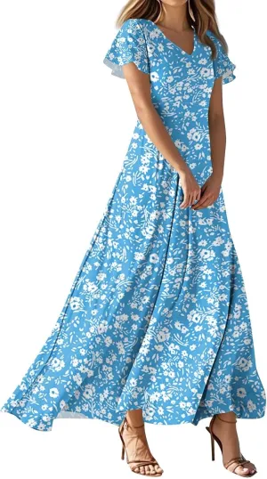 Women's Vacation Outfits Casual Loose Trendy Short Sleeve V-Neck Floral Printed Solid Beach Maxi Dresses, XS-2XL