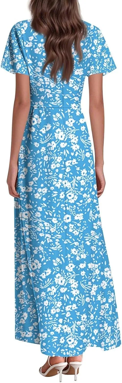 Women's Vacation Outfits Casual Loose Trendy Short Sleeve V-Neck Floral Printed Solid Beach Maxi Dresses, XS-2XL
