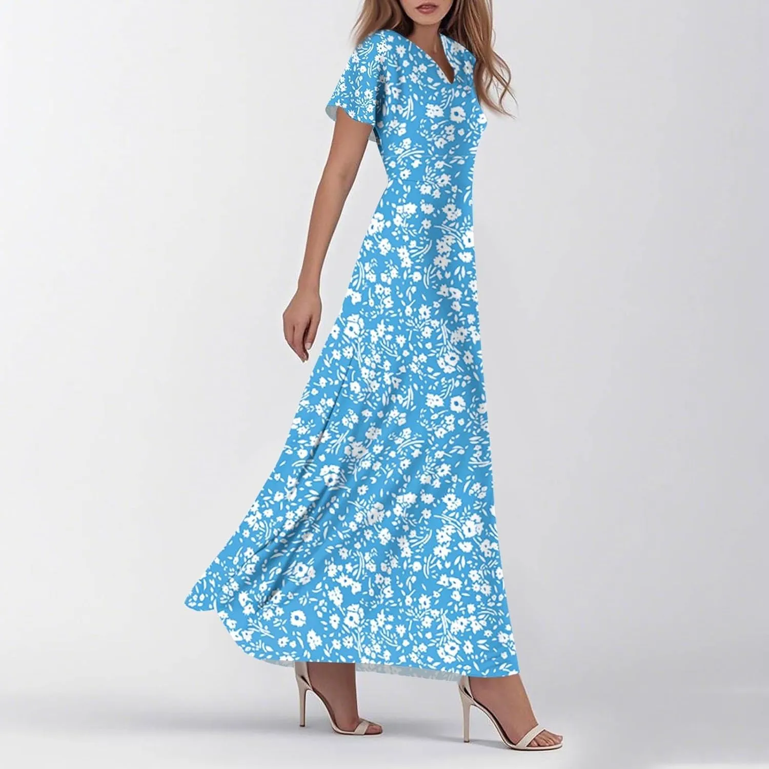 Women's Vacation Outfits Casual Loose Trendy Short Sleeve V-Neck Floral Printed Solid Beach Maxi Dresses, XS-2XL