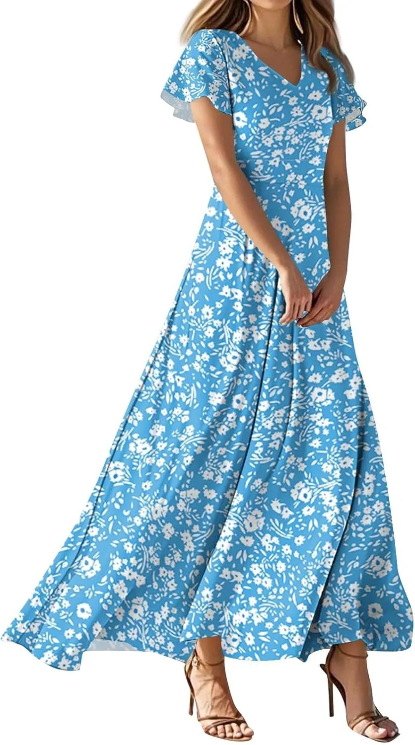 Women's Vacation Outfits Casual Loose Trendy Short Sleeve V-Neck Floral Printed Solid Beach Maxi Dresses, XS-2XL