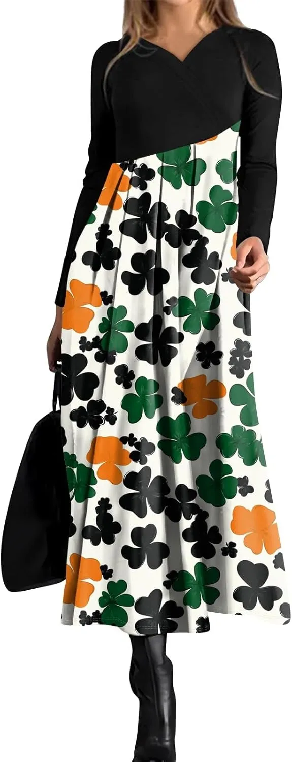 Women'sFashionable V Neck Long Sleeved Floral Print Waist Pocket Casual Large Swing Dress St Patricks Day