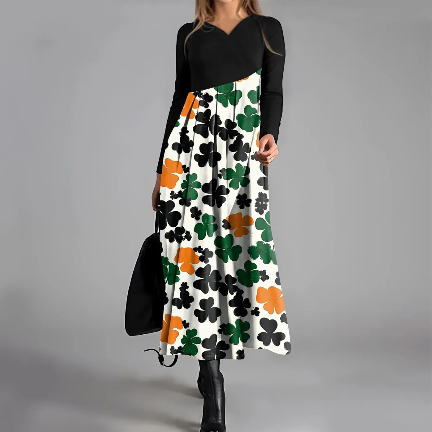 Women'sFashionable V Neck Long Sleeved Floral Print Waist Pocket Casual Large Swing Dress St Patricks Day