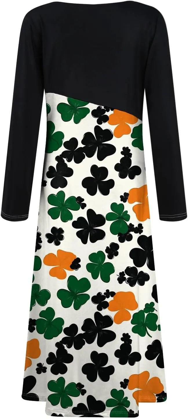 Women'sFashionable V Neck Long Sleeved Floral Print Waist Pocket Casual Large Swing Dress St Patricks Day