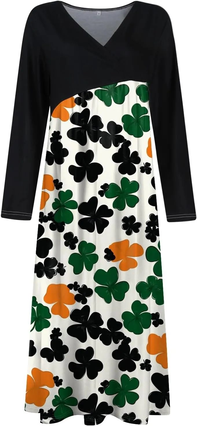 Women'sFashionable V Neck Long Sleeved Floral Print Waist Pocket Casual Large Swing Dress St Patricks Day