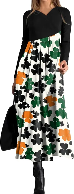 Women'sFashionable V Neck Long Sleeved Floral Print Waist Pocket Casual Large Swing Dress St Patricks Day