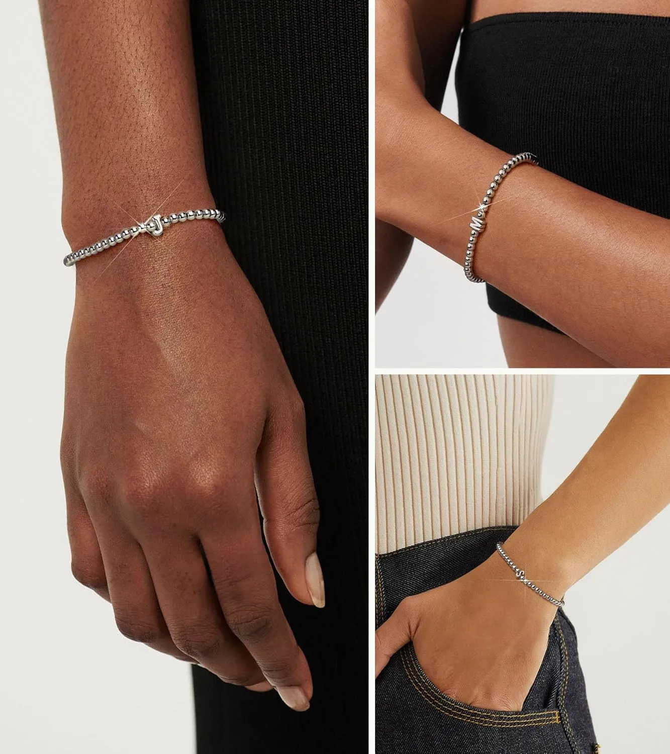 Wowshow Gold Bracelets for Women, 18K Gold Plated Stretch Initial Beaded Bracelets with A-Z Letter Charm Jewelry Gifts for Mother's Day Valentines Christmas